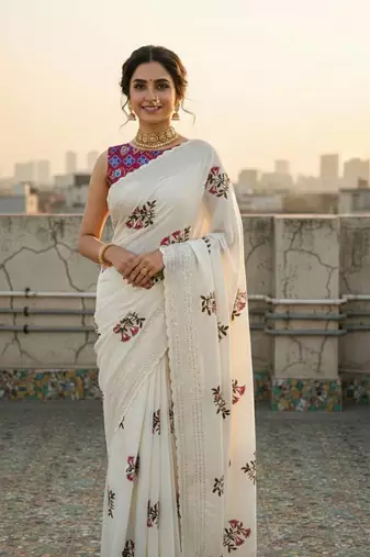 White color  embroidery work and multi Thread work with cut work border Vichitra Silk Saree 