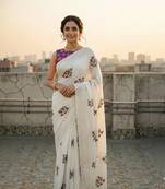 White color  embroidery work and multi Thread work with cut work border Vichitra Silk Saree 