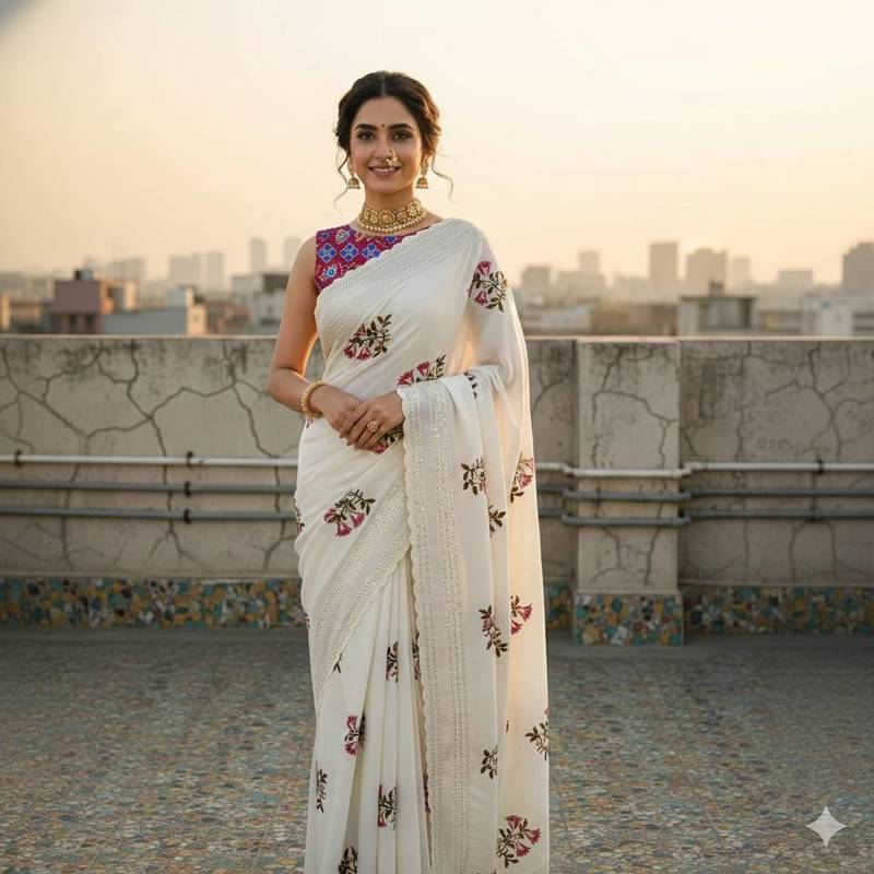 White color  embroidery work and multi Thread work with cut work border Vichitra Silk Saree 