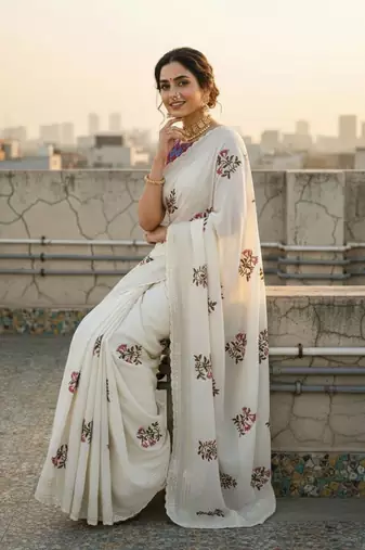 White color  embroidery work and multi Thread work with cut work border Vichitra art silk saree 