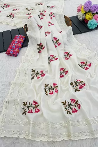 White color  embroidery work and multi Thread work with cut work border Vichitra art silk saree 