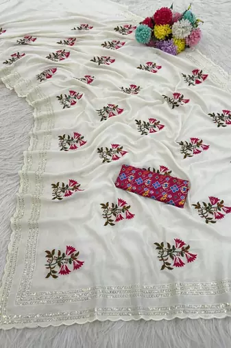 White color  embroidery work and multi Thread work with cut work border Vichitra art silk saree 