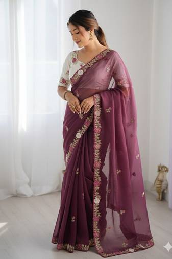 Pink color pallu embroidery work and multi Thread work with arco cut work border Silk Saree