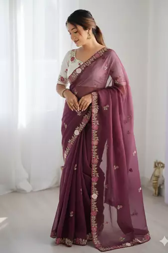 Pink color pallu embroidery work and multi Thread work with arco cut work border Silk Saree