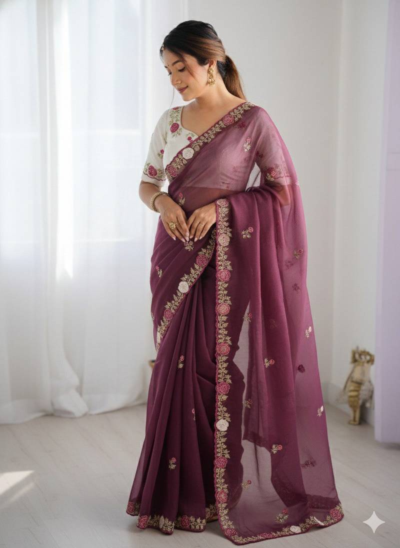 Pink color pallu embroidery work and multi Thread work with arco cut work border Silk Saree
