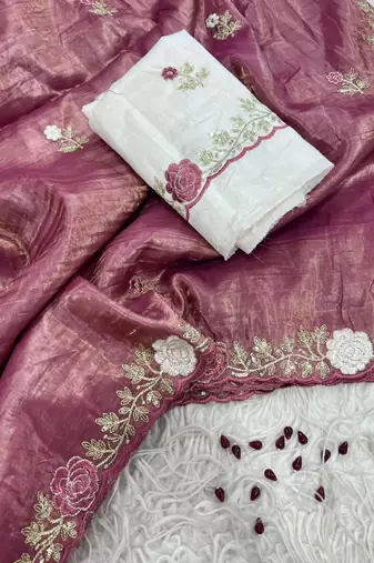 Pink color pallu embroidery work and multi Thread work with arco cut work border art silk saree
