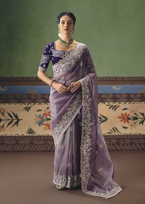 Lilac fancy fabric embroidered saree 1