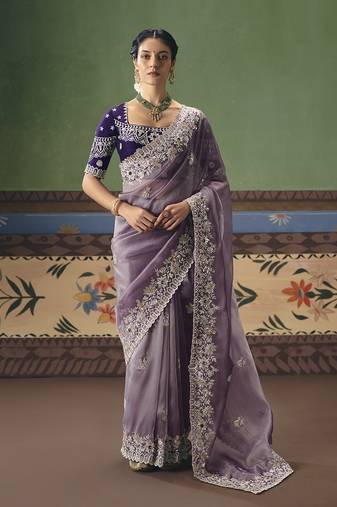 Lilac fancy fabric embroidered saree