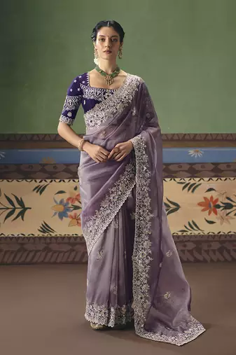 Lilac fancy fabric embroidered saree