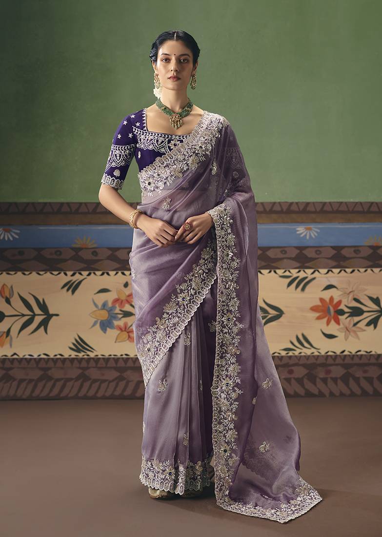 Lilac fancy fabric embroidered saree
