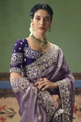 Lilac fancy fabric embroidered saree