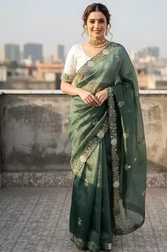 Olive color pallu embroidery work and multi Thread work with arco cut work border Silk Saree