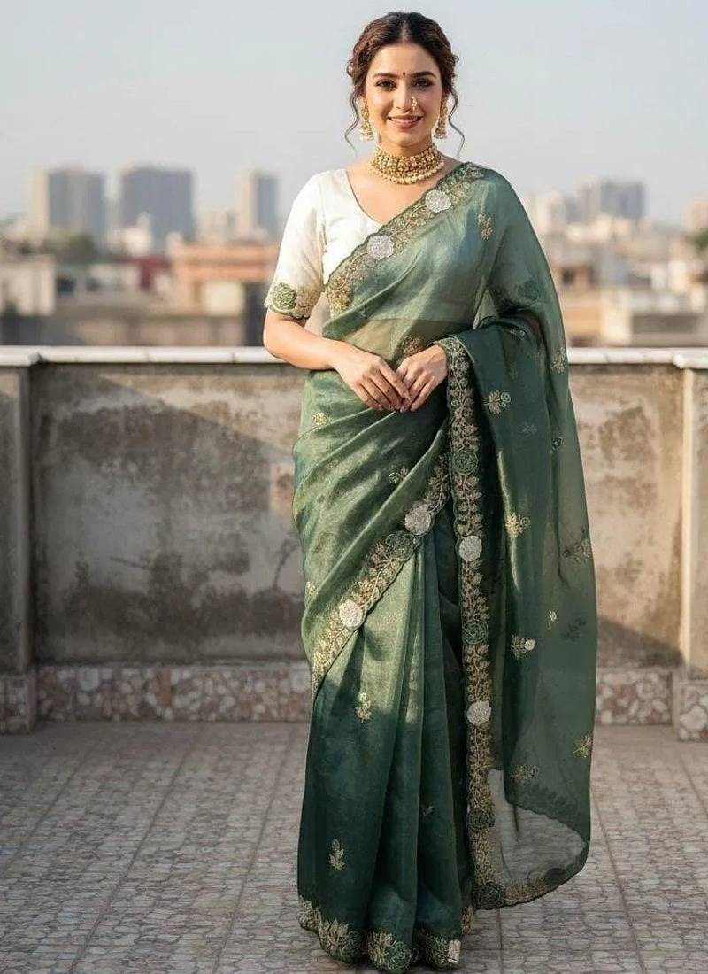 Olive color pallu embroidery work and multi Thread work with arco cut work border Silk Saree