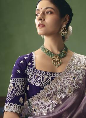 Lilac fancy fabric embroidered saree 3