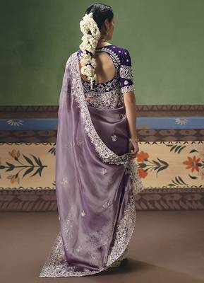 Lilac fancy fabric embroidered saree 4