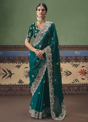 Teal fancy fabric embroidered saree 1