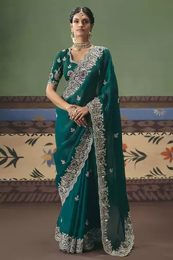 Teal fancy fabric embroidered saree