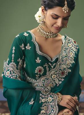 Teal fancy fabric embroidered saree 2