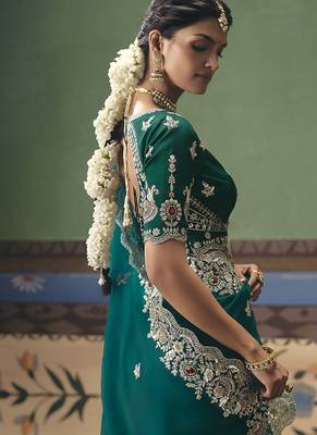 Teal fancy fabric embroidered saree 3