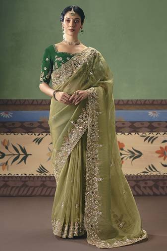Pista green fancy fabric embroidered saree