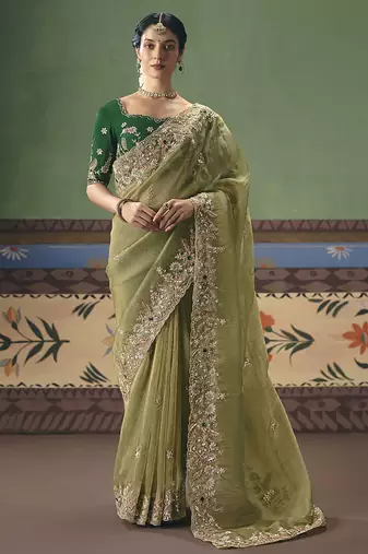 Pista green fancy fabric embroidered saree
