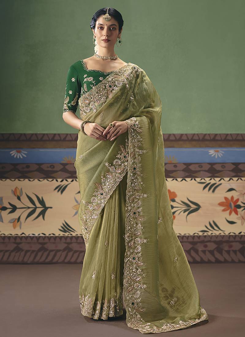 Pista green fancy fabric embroidered saree