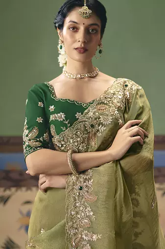 Pista green fancy fabric embroidered saree