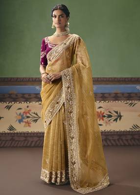 Mustard fancy fabric embroidered saree 1