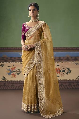 Mustard fancy fabric embroidered saree