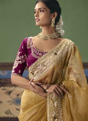 Mustard fancy fabric embroidered saree 2