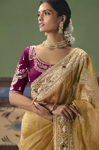 Mustard fancy fabric embroidered saree