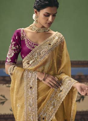 Mustard fancy fabric embroidered saree 3