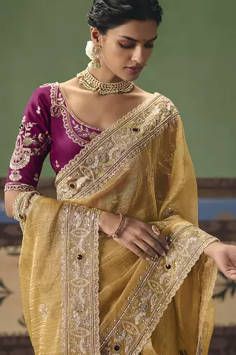 Mustard fancy fabric embroidered saree
