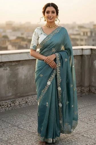 Blue color pallu embroidery work and multi Thread work with arco cut work border Silk Saree