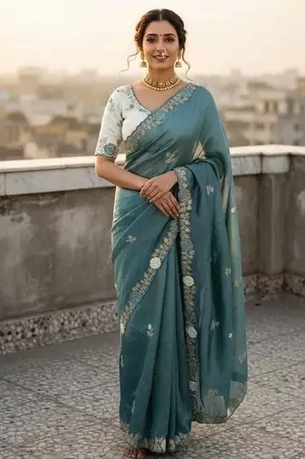 Blue color pallu embroidery work and multi Thread work with arco cut work border Silk Saree