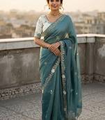 Blue color pallu embroidery work and multi Thread work with arco cut work border Silk Saree