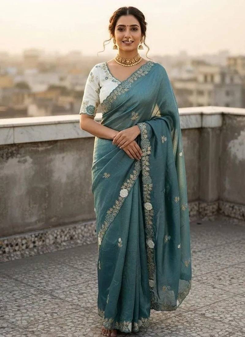 Blue color pallu embroidery work and multi Thread work with arco cut work border Silk Saree