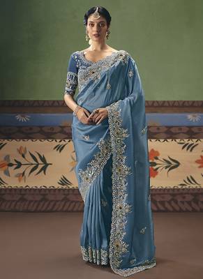 Sky blue fancy fabric embroidered saree 1