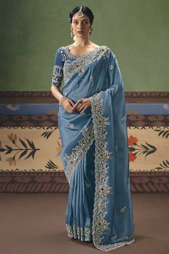 Sky blue fancy fabric embroidered saree