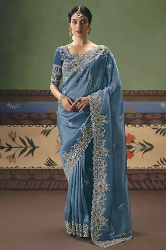 Sky blue fancy fabric embroidered saree