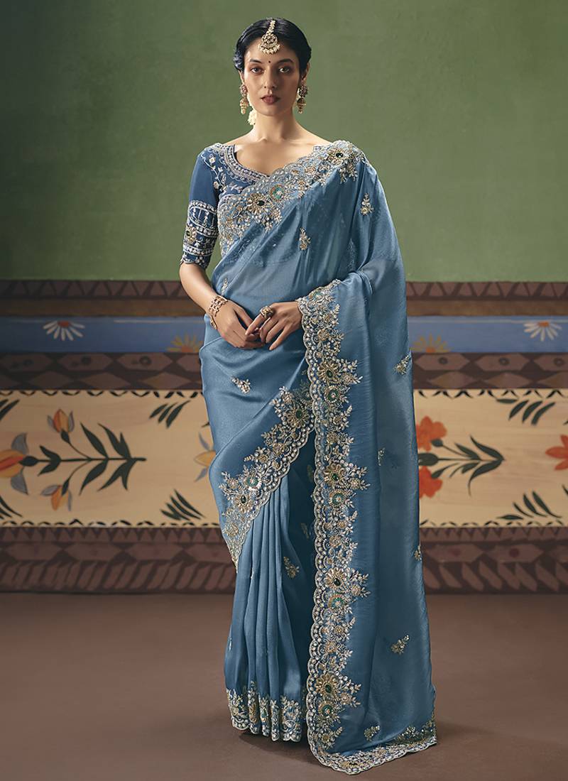Sky blue fancy fabric embroidered saree