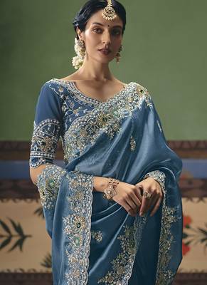 Sky blue fancy fabric embroidered saree 2