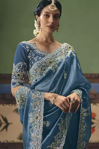 Sky blue fancy fabric embroidered saree