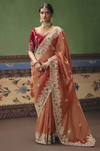 Coral fancy fabric embroidered saree