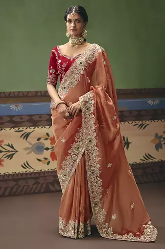 Coral fancy fabric embroidered saree