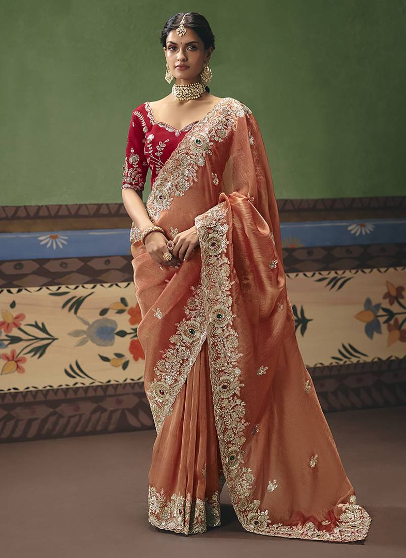 Coral fancy fabric embroidered saree