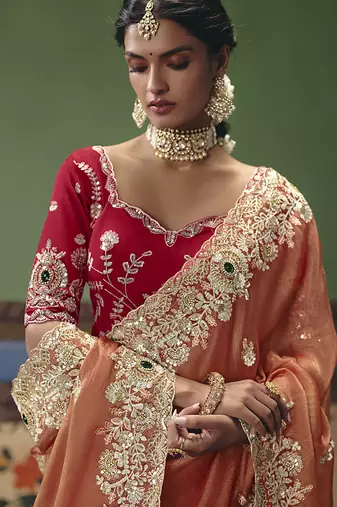 Coral fancy fabric embroidered saree