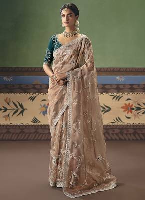 Beige fancy fabric embroidered saree 1