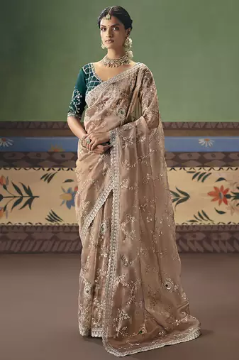 Beige fancy fabric embroidered saree