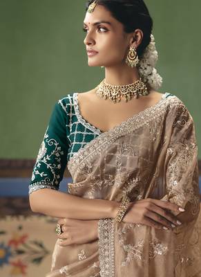 Beige fancy fabric embroidered saree 3